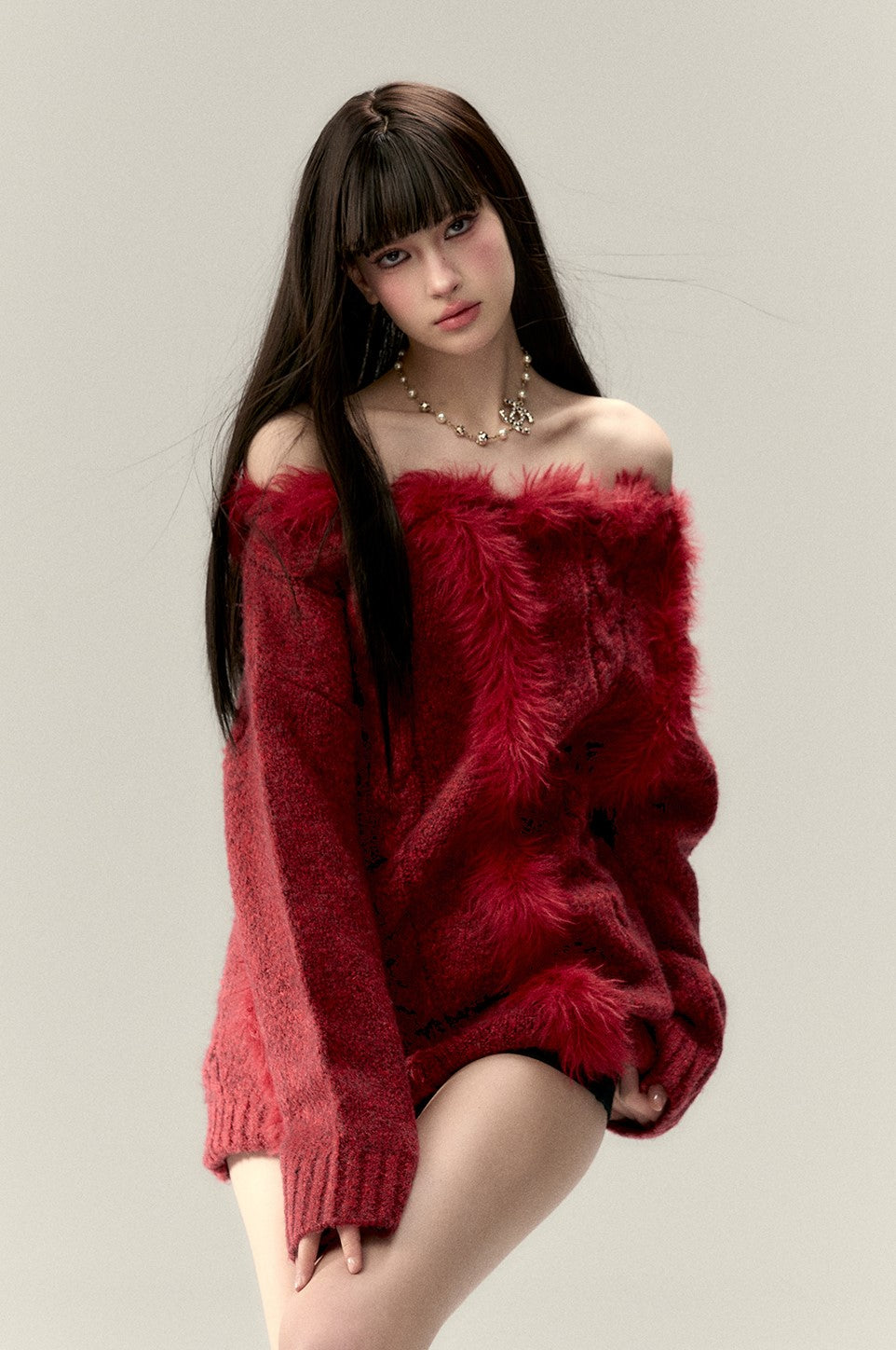 Fur Stitching One Shoulder Sweater VIA0206