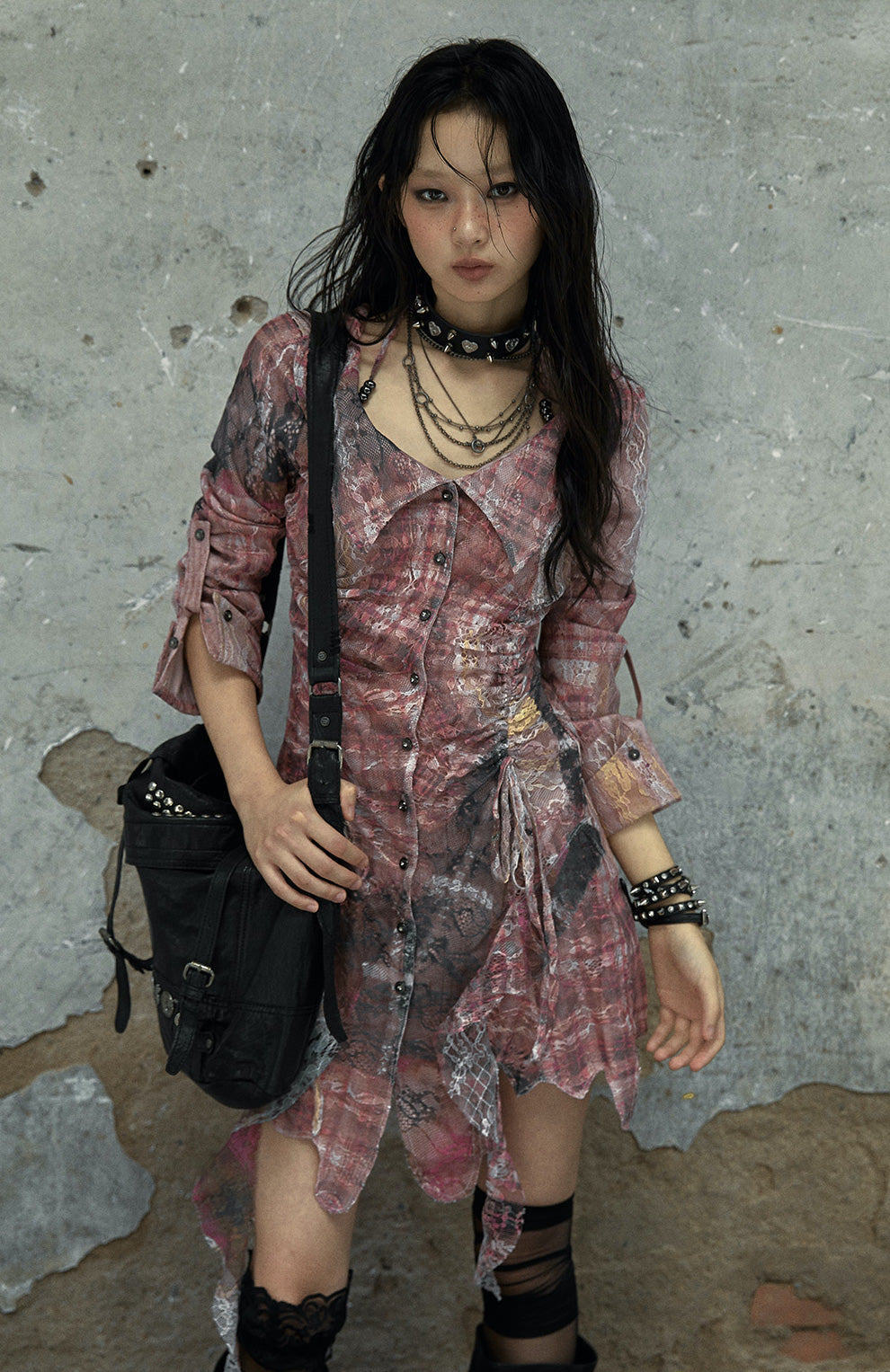 Punk Street Lace Patchwork Irregular Long-sleeved Shirt Dress NOR0093