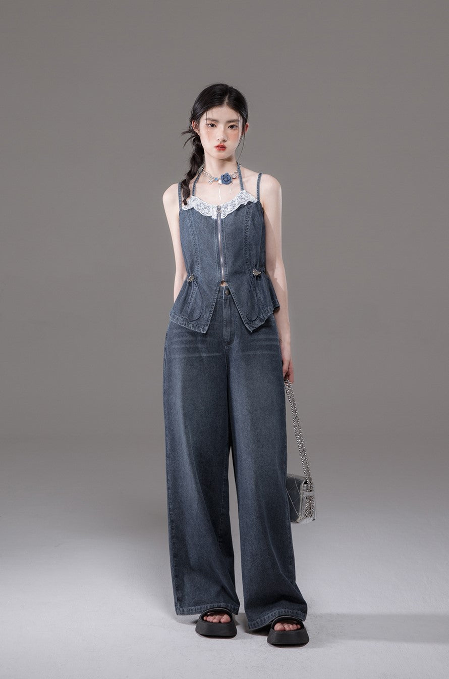 Blue Double Sling V-neck Lace Waist Slimming Denim Camisole/Jeans COT0130