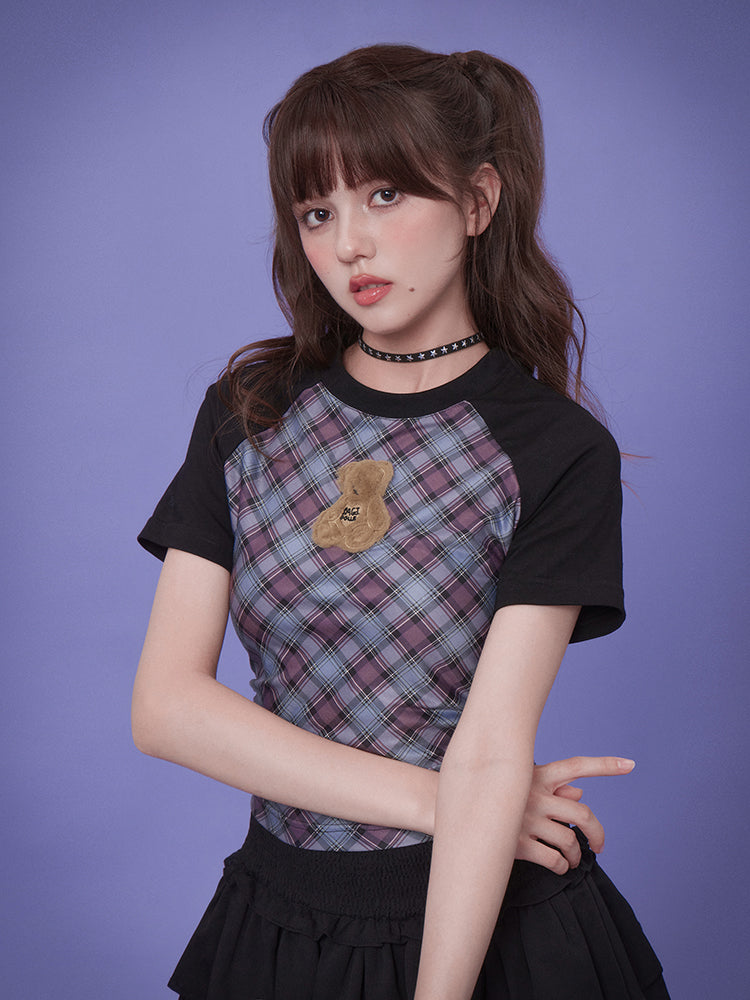 Plush bear design raglan checkered slim T-shirt SAG0148