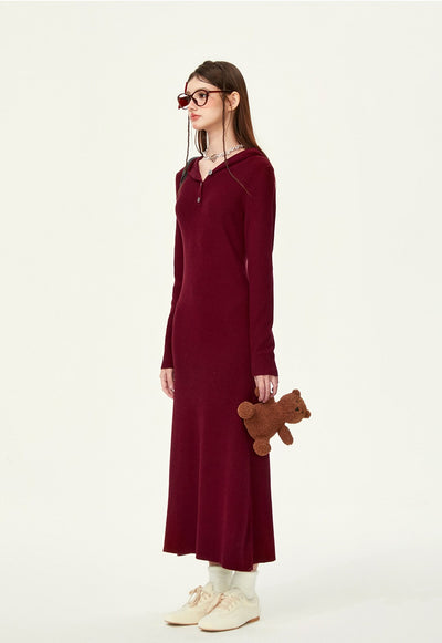 Henry Collar Waist Lazy Casual Knitted Long Dress GIF0071