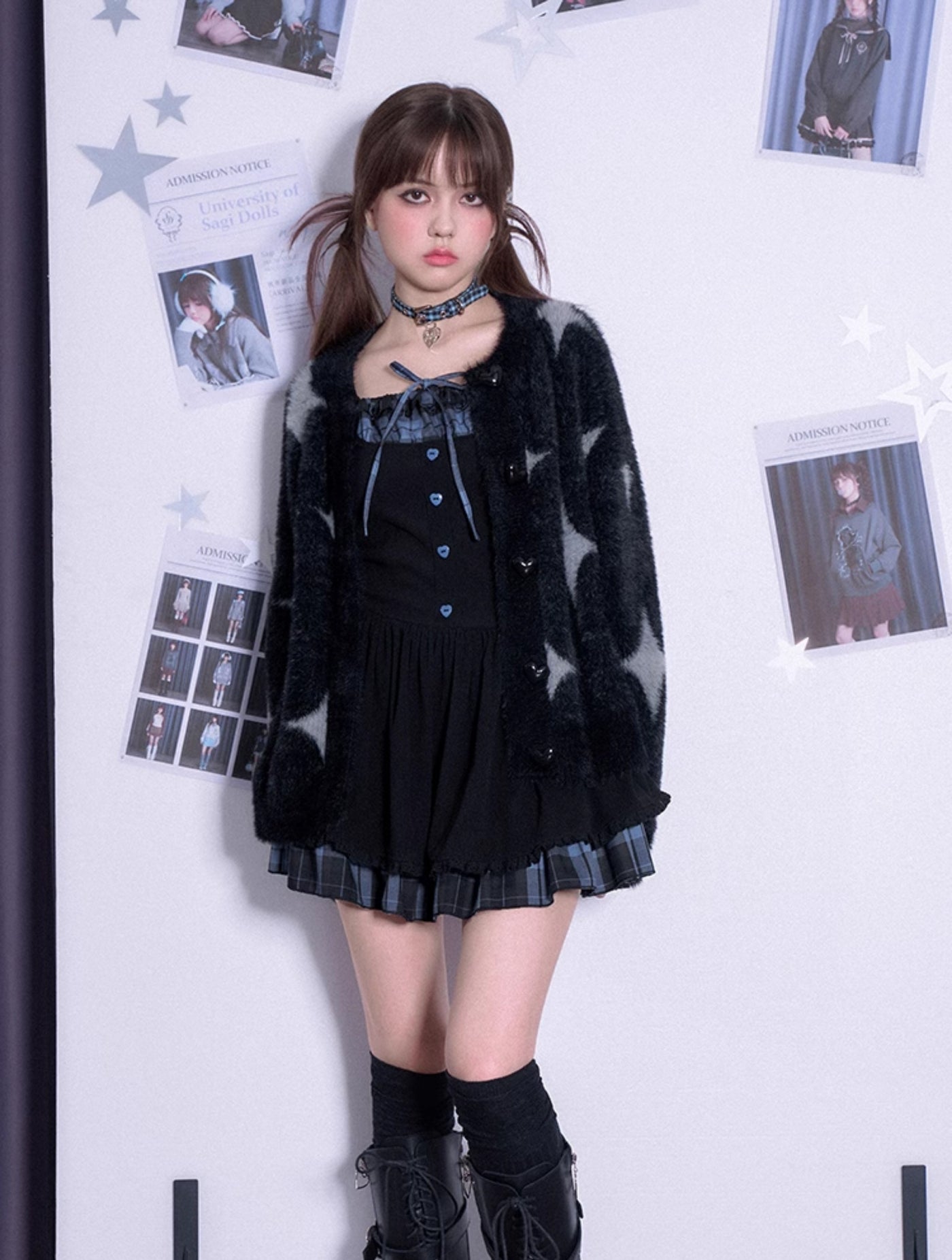 Blue Black Grid Knitted Cake Dress SAG0219