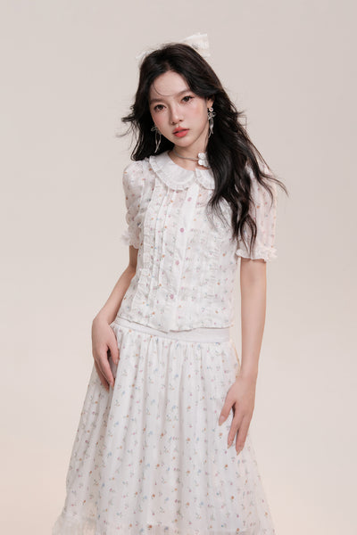 Floral Pattern Frilled Collar Girly Short-Sleeved Blouse & Lace Hem Knee-Length Skirt AOO0032