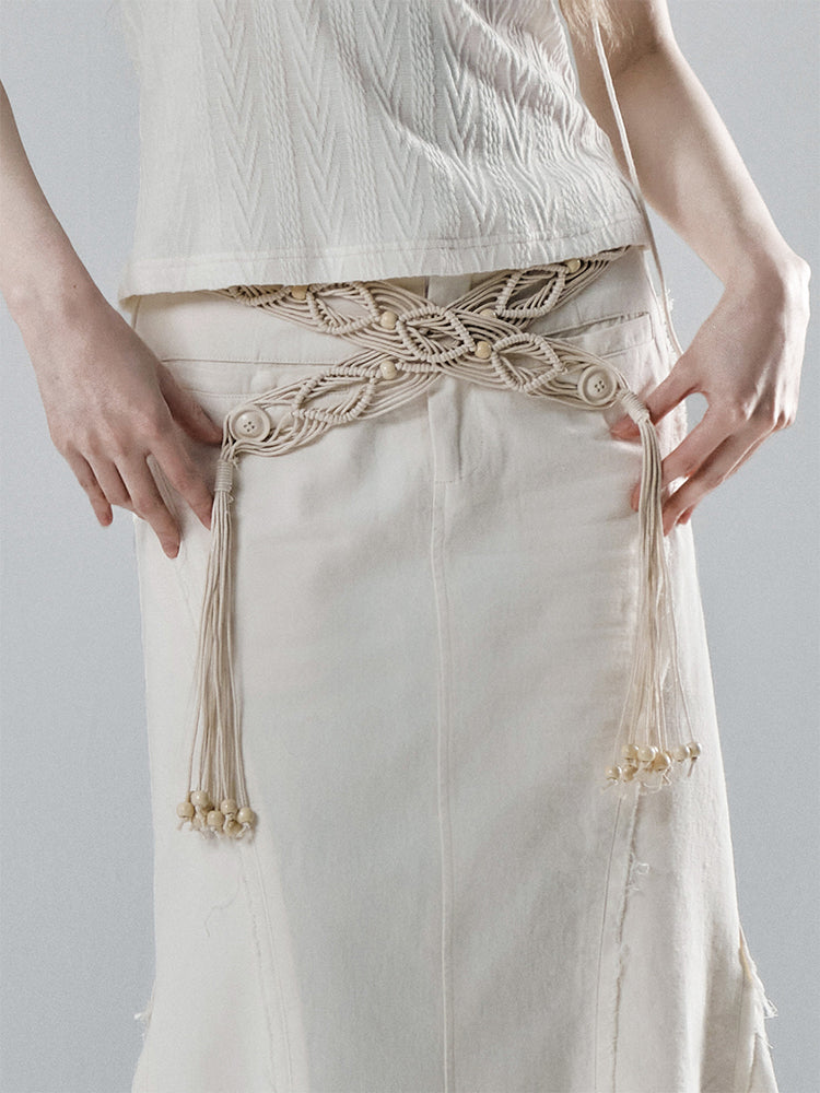 Side flower lace slit flared loose pants & braided ethnic string belt SAL0030