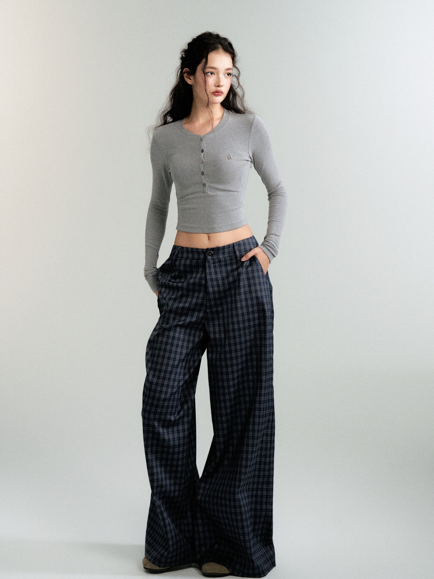 Checked wide-leg casual straight pants LUL0090