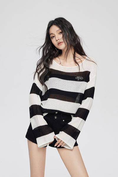 Black And White Striped Lazy Design Loose Sweater MAC0080