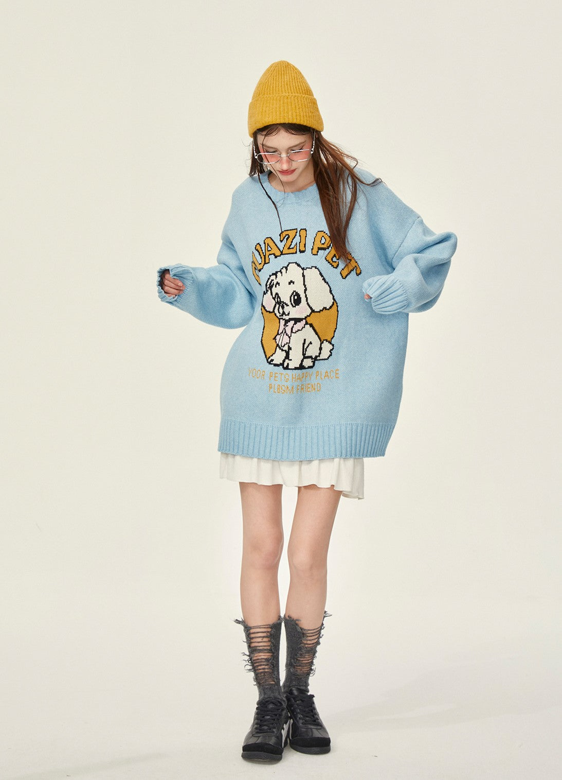 Cute Dog Blue Thick Loose Knitted Sweater GIF0068