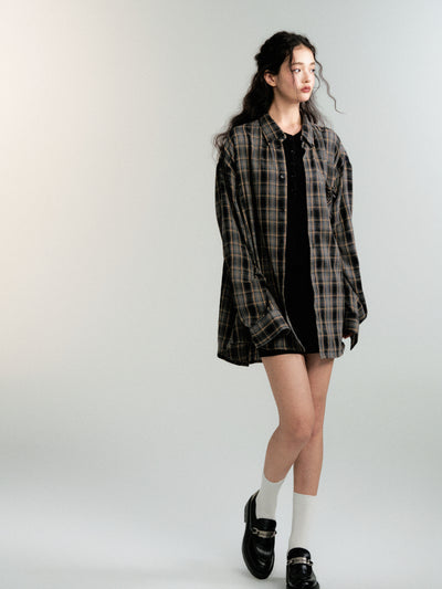 Retro color scheme loose plaid shirt jacket LUL0087