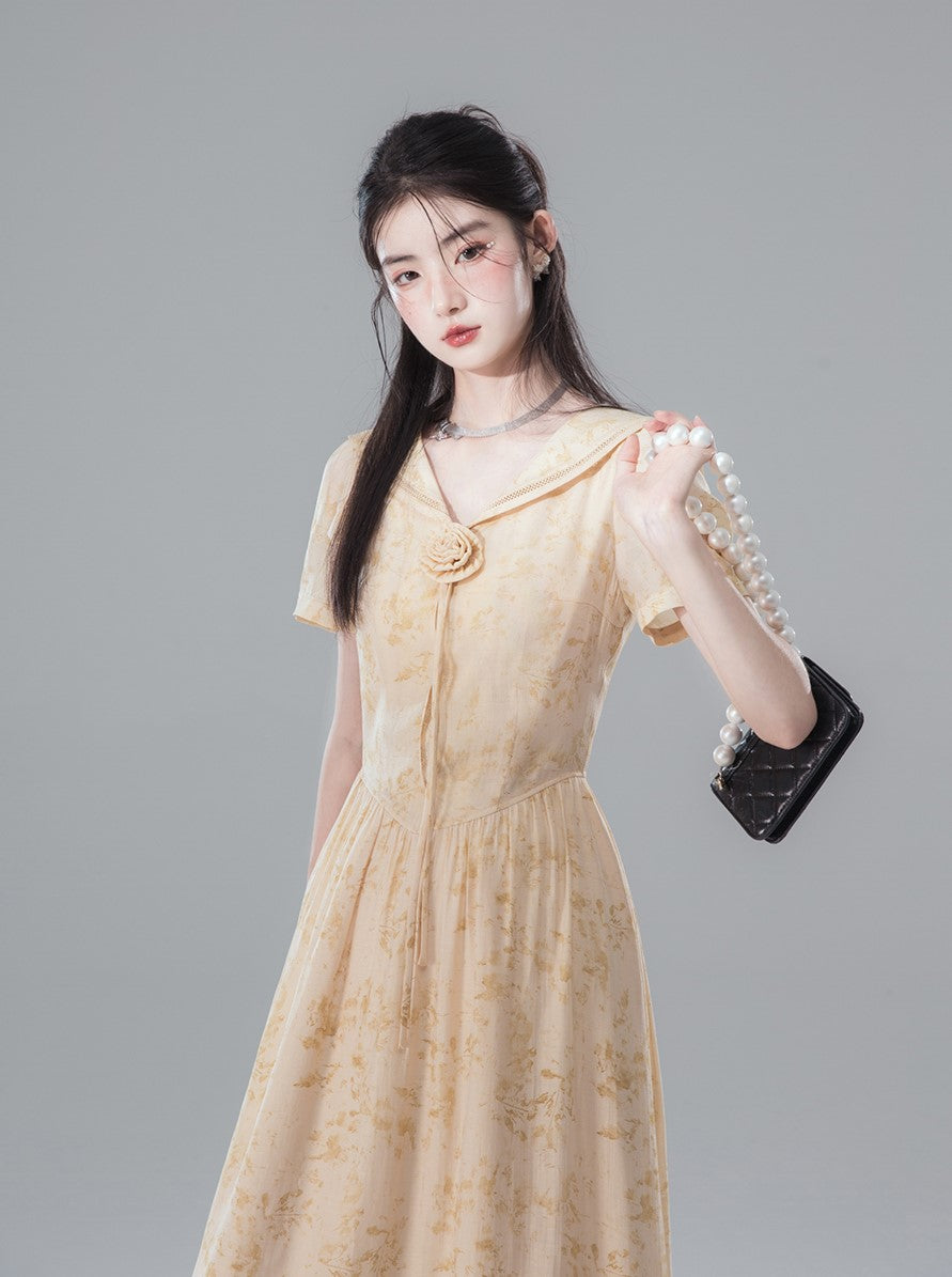 Fallen Leaves Apricot Yellow Atmosphere Short-sleeved Dress COT0133