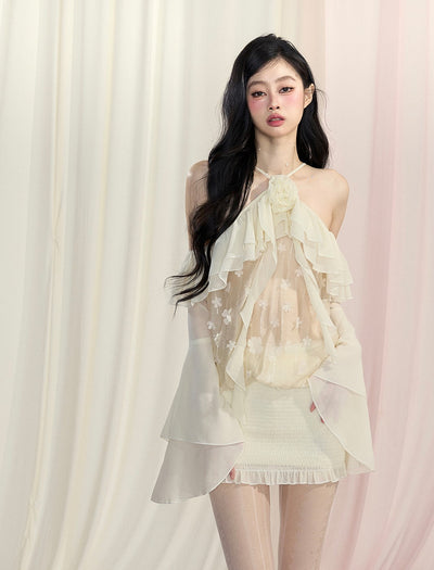크림 퍼프 얇은 명주 그물 홀터 넥 드레스 DIA0437