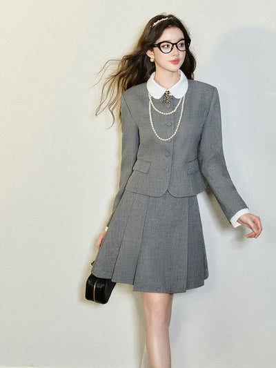 College Style Doll Collar Button Jacket & A-Line Pleated Skirt UND0094