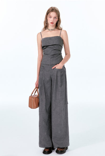 Rose Dark Pattern Embossed Gray Tube Top/Casual Pants BOH0050