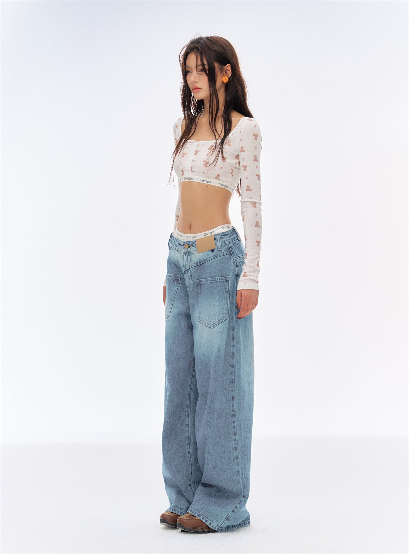 Low Waist Washed Wide Leg Jeans CUR0194