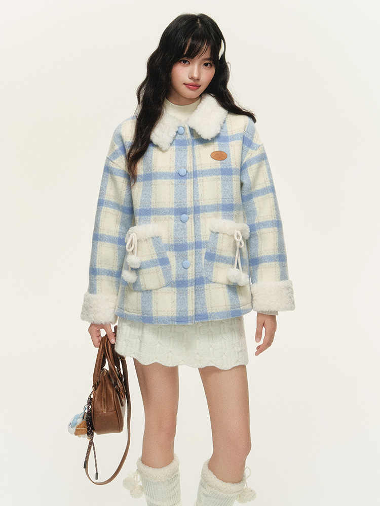 Lined quilted plaid jacket with fur collar and pocket design NTO0156