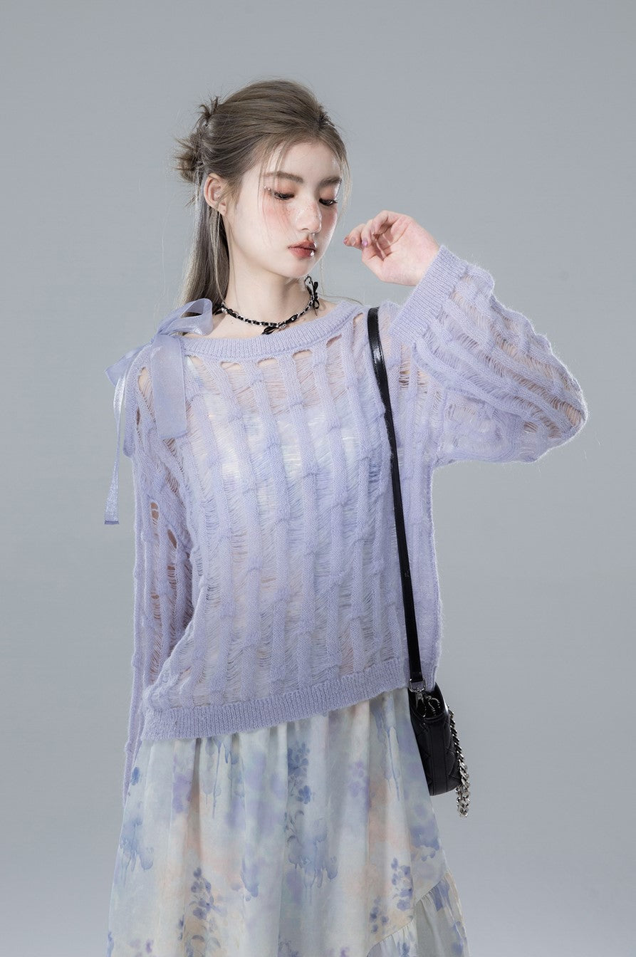 Blue Shoulder Hook And Loop Knit Sweater COT0145