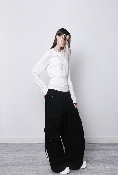 Black Low-rise Drawstring Pocket Structure Loose Work Casual Pants ANY0061