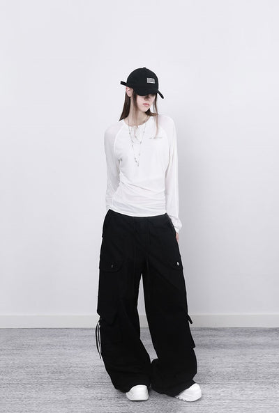 Black Low-rise Drawstring Pocket Structure Loose Work Casual Pants ANY0061