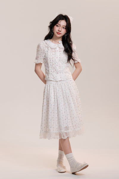 Floral Pattern Frilled Collar Girly Short-Sleeved Blouse & Lace Hem Knee-Length Skirt AOO0032