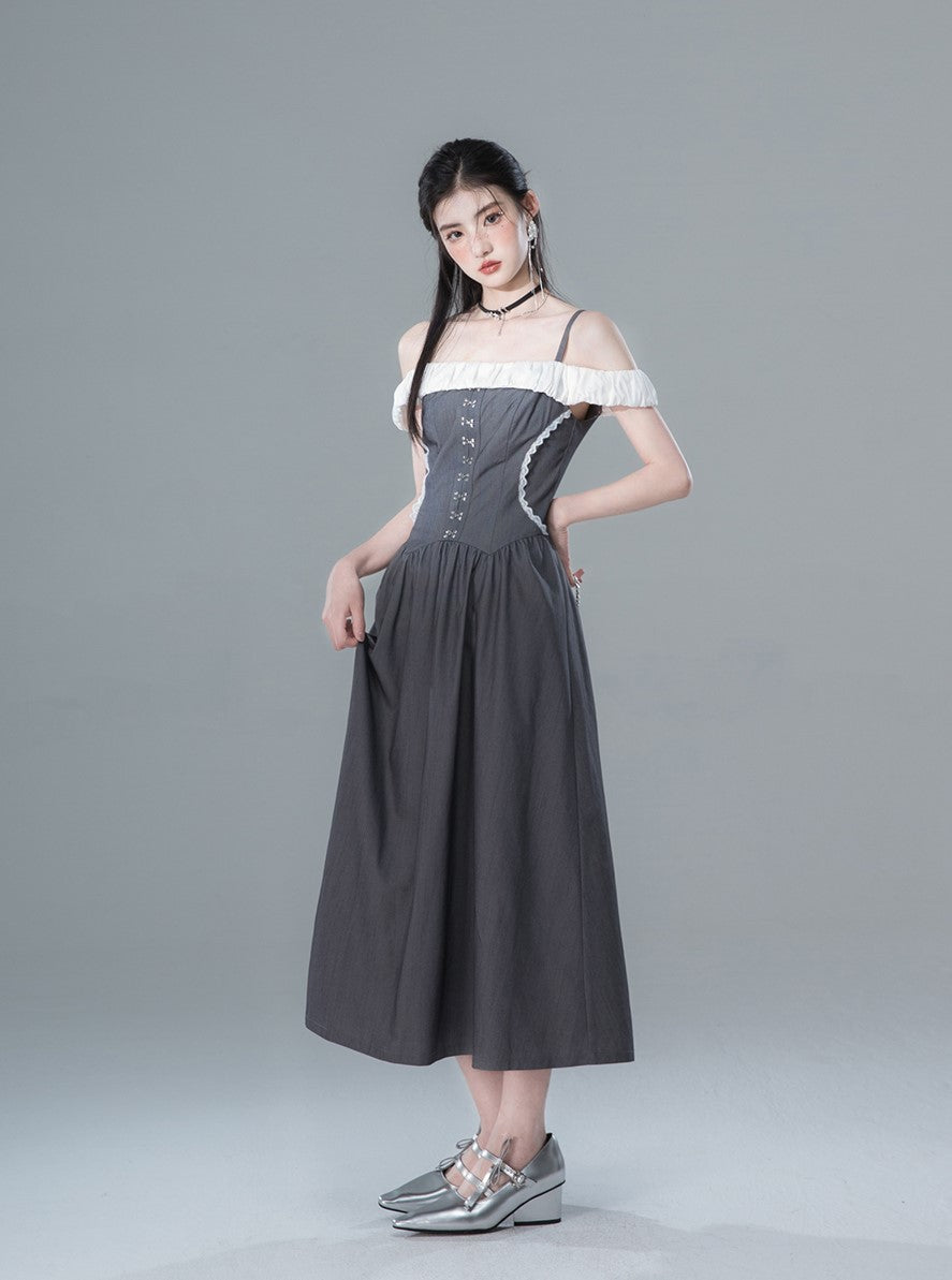 Gray High-end One-shoulder Contrasting Design Waist Dress COT0139