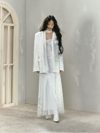 White Rose Vintage Embroidery Lace Loose Collarless Suit Jacket SAL0071