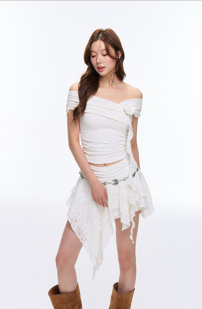 One-Shoulder Lace Shirt/Irregular Skirt AFF0055
