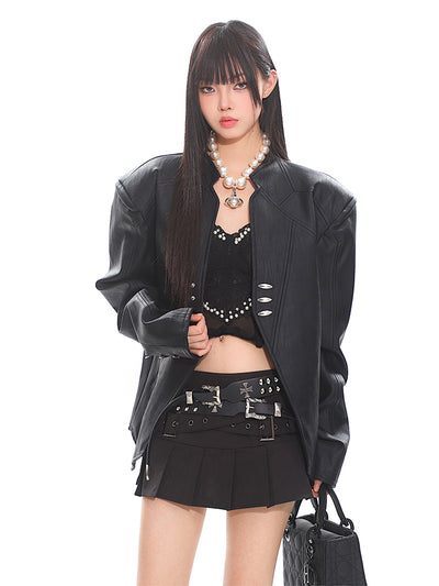 Leather Metal Button Classic Jacket UNC0232