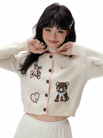 Bear Jacquard Pink Lace Knitted Cardigan IMO0058