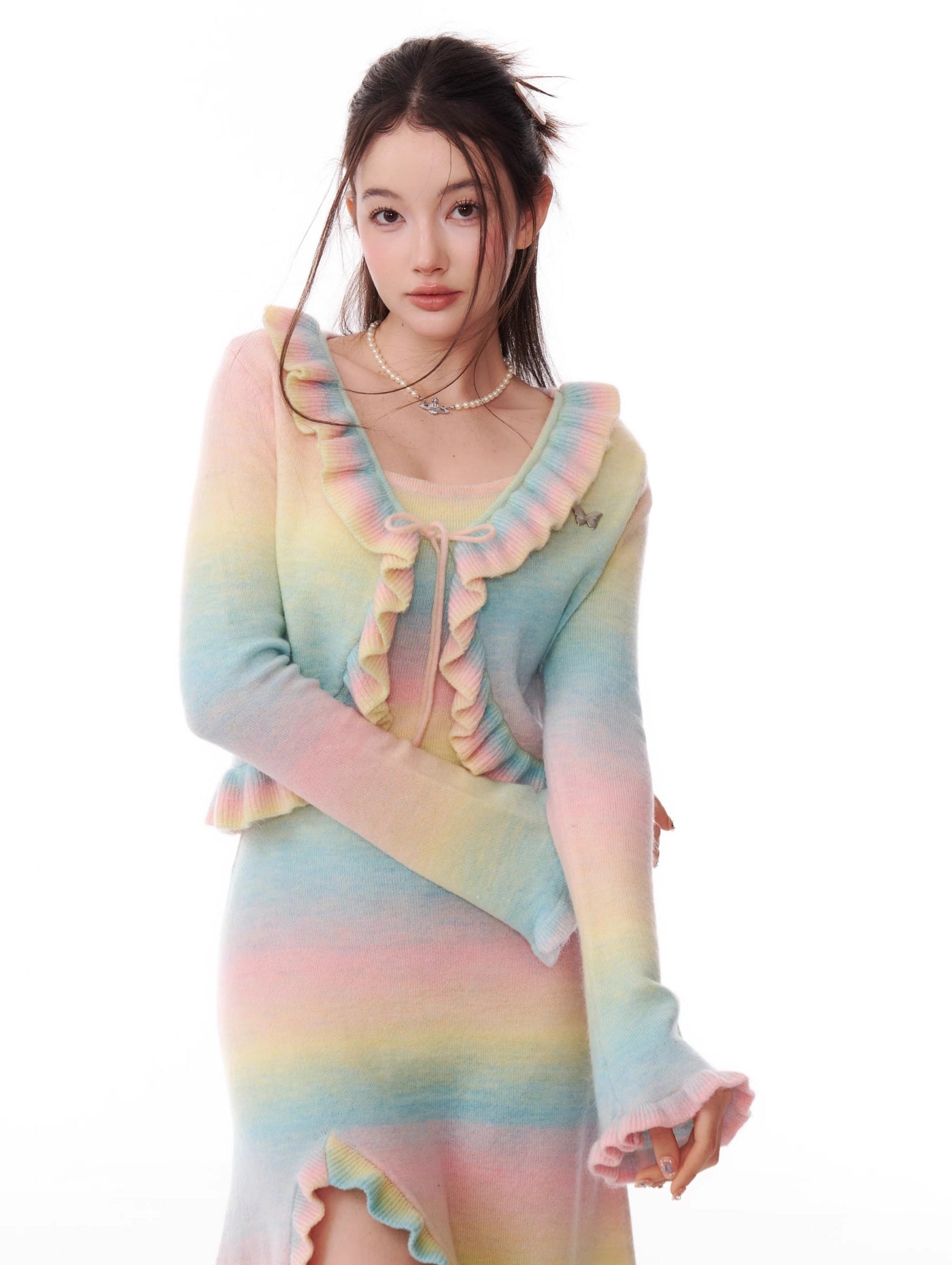 Gradient Contrast Color Ruffled Trumpet Sleeve Knitted Cardigan ZIZ0183