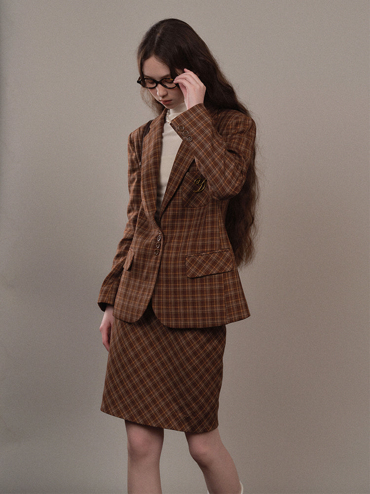 Brown checkered casual suit jacket and skirt YOO0070