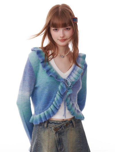 Gradient Contrast Color Ruffled Trumpet Sleeve Knitted Cardigan ZIZ0183