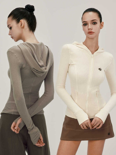 Slim Hoodie Top with Ribbed Knit Zip Design WOO0123