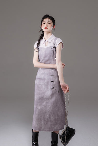 Plum Purple Tencel Shirt/Tie-Dye Printed Suspender Dress COT0131