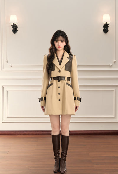 High-end Contrast Color Leather Trench Jacket/Dress OSH0063