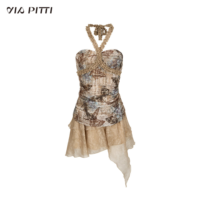 Butterfly Print Ruffle Halter Neck Fantastic Dress VIA0113