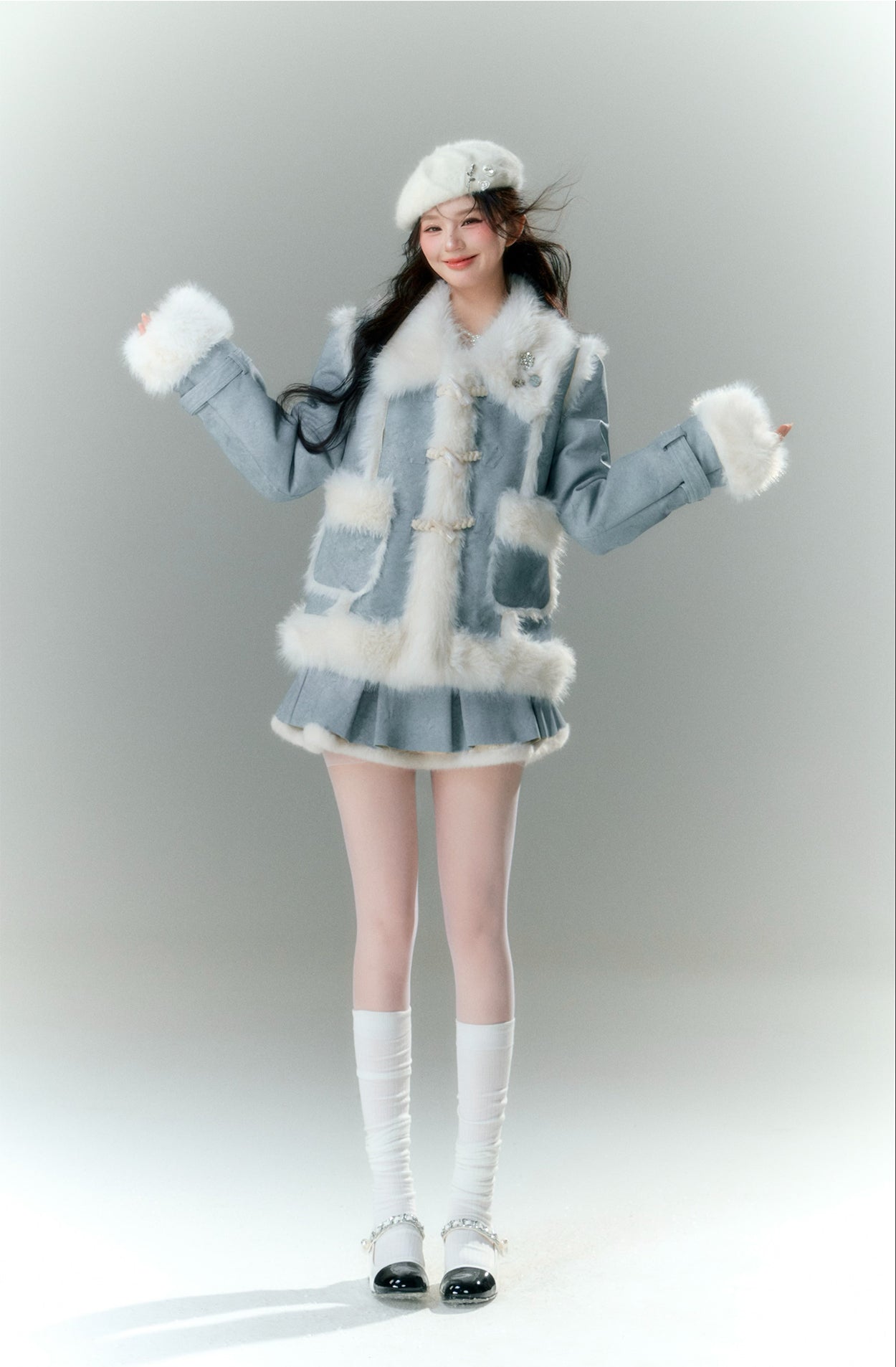 Soft fur short duffle girly jacket & pleated mini skirt BBB0025