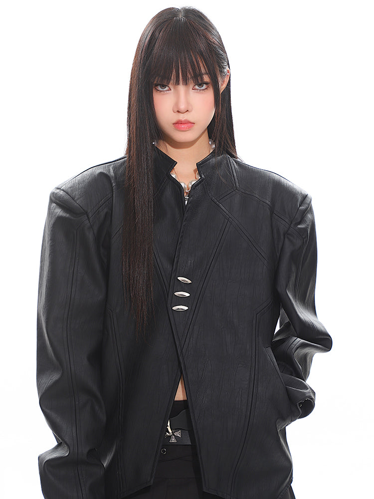 Leather Metal Button Classic Jacket UNC0232