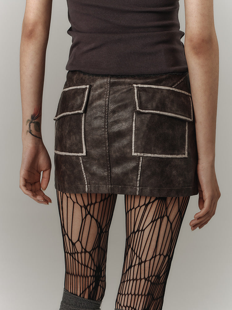 Hip cover distressed line leather skirt KIN0121
