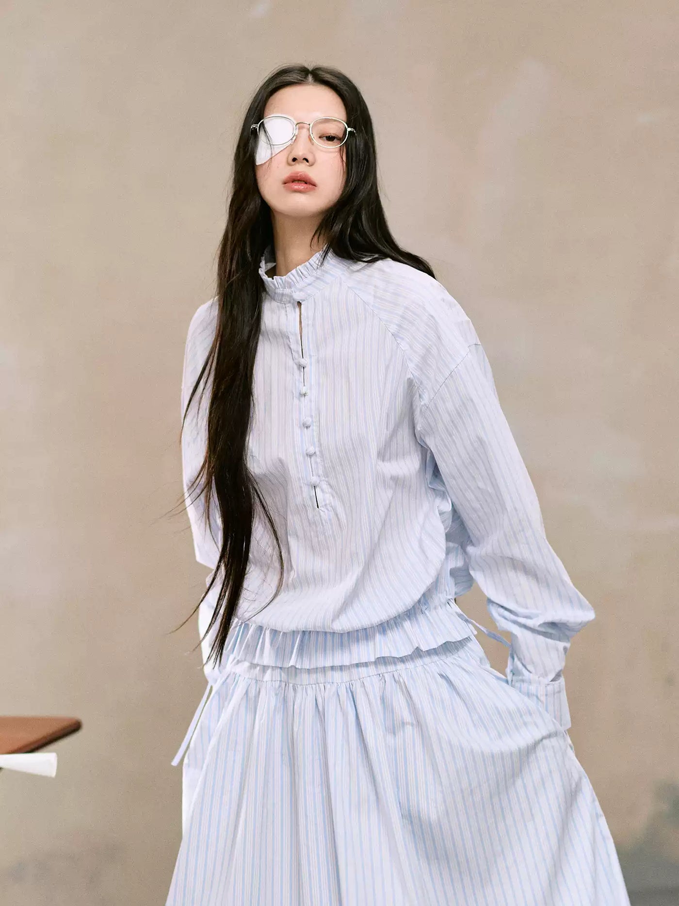 Round Neck Striped Shirt/Half-length Umbrella Skirt LAL0105