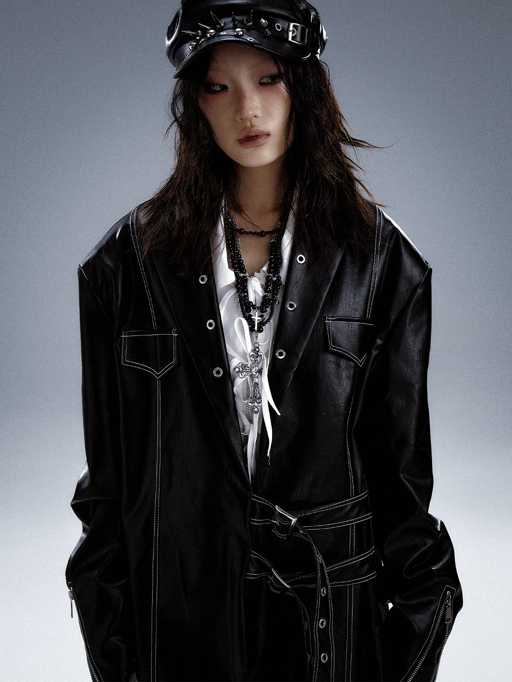 Dark punk high-end heavy leather loose jacket FRU0055