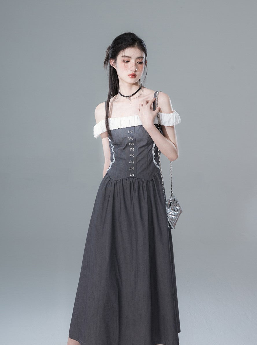 Gray High-end One-shoulder Contrasting Design Waist Dress COT0139