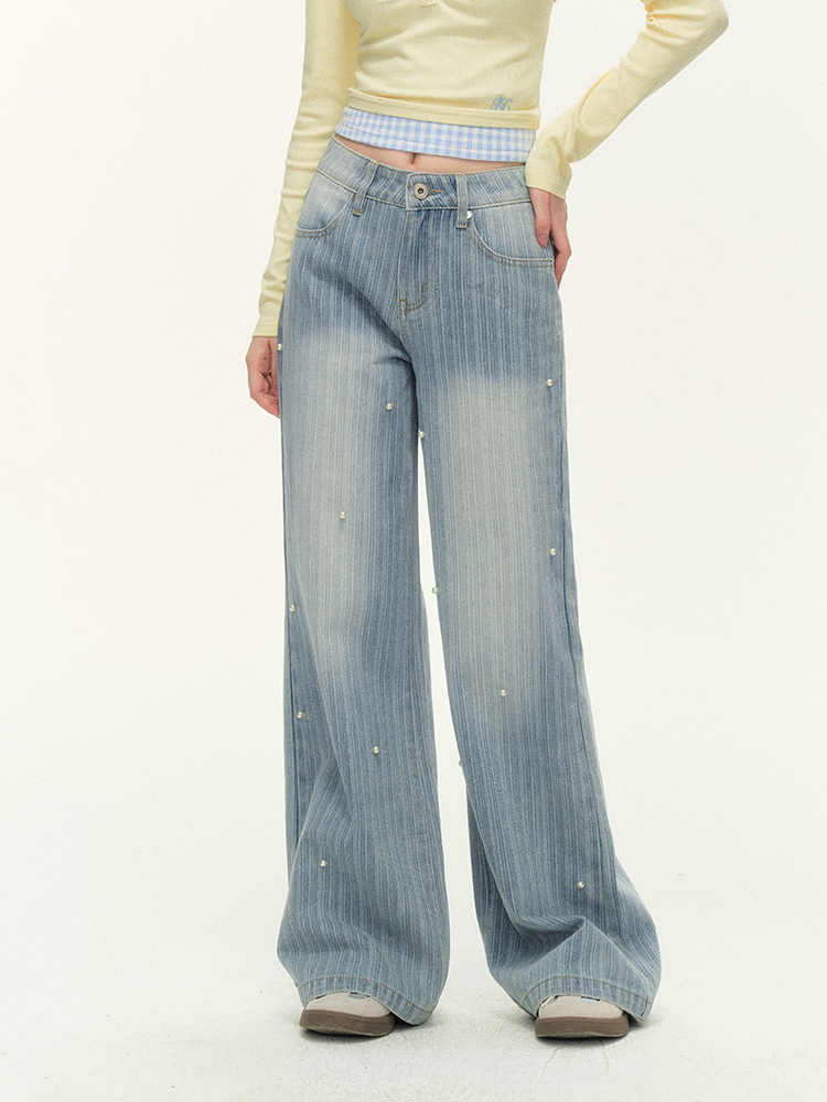 Pearl Embroidery Stripe Design Washed Denim Wide Pants NTO0142