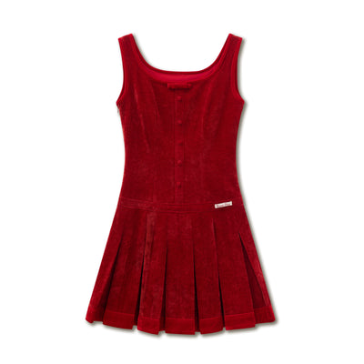 Vintage Red Velvet Pleated Sleeveless Dress SUN0100