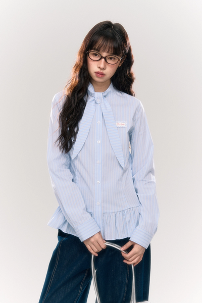 All-match Bow Striped Ruffle Lace Shirt NTO0172