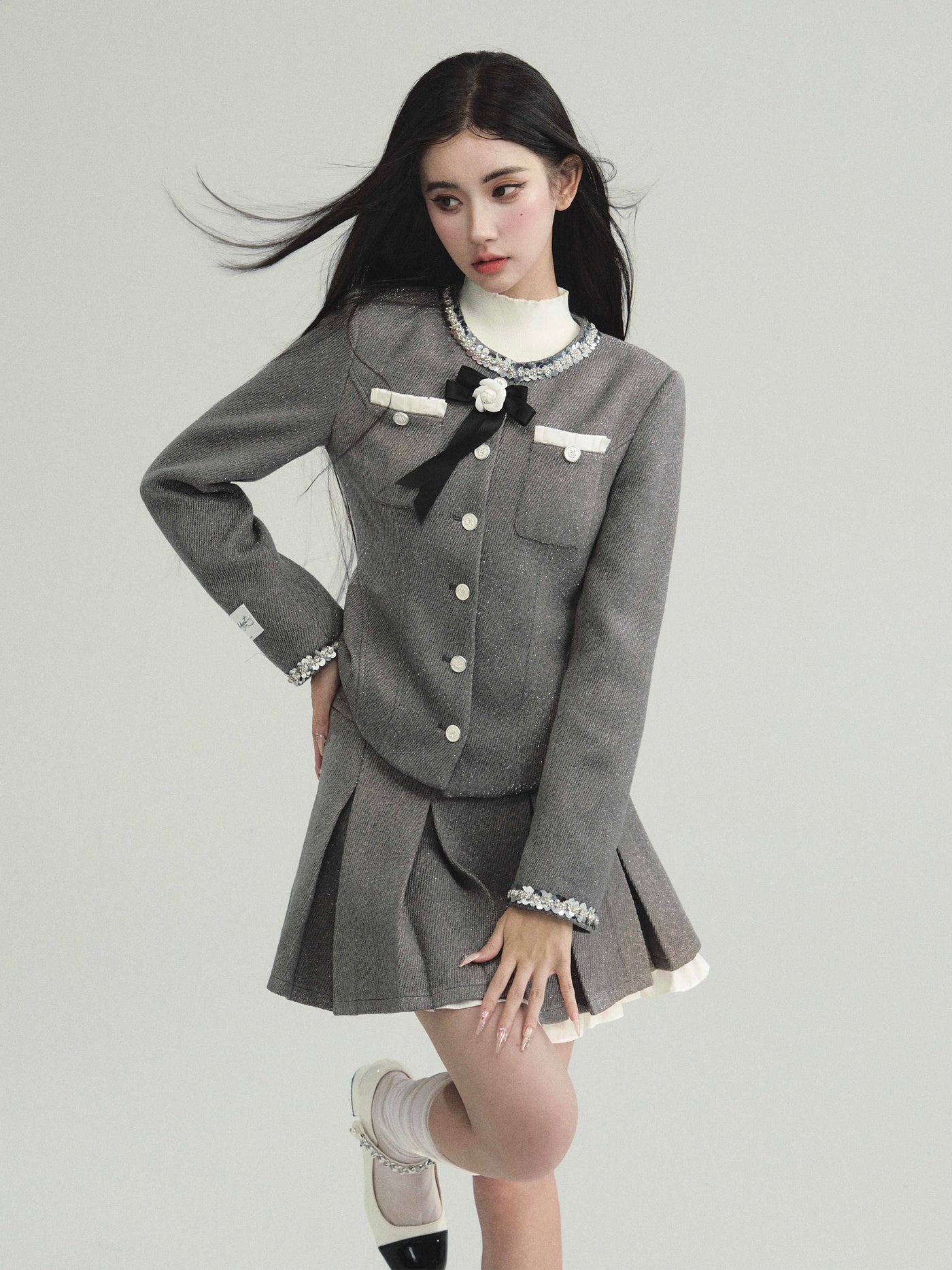 Sequined Round Collar Rose Motif Pocket Jacket & Layered College Style Pleated Skirt FRA0221