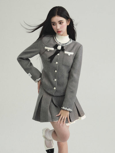 Sequined Round Collar Rose Motif Pocket Jacket & Layered College Style Pleated Skirt FRA0221