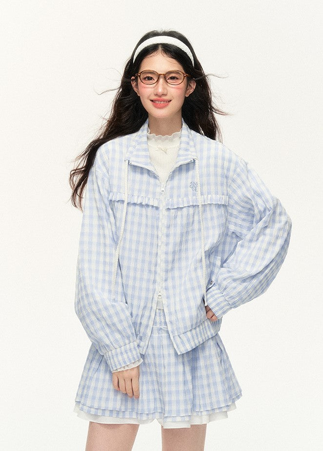 Plaid Embroidery Jacket/Multi-layer Lace A-line Skirt NTO0122