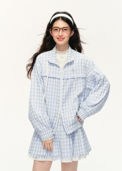 Plaid Embroidery Jacket/Multi-layer Lace A-line Skirt NTO0122