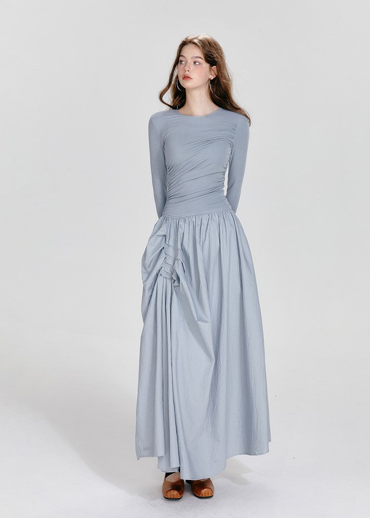 Ballet Style Round Neck High-end Irregular Pleated Long Sleeve Dress BOH0054