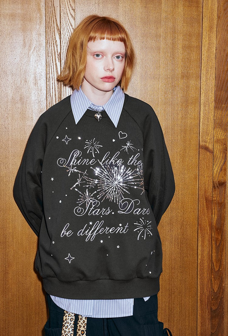 Fireworks Round Neck Sequin Letter Embroidery Drape Sweatshirt DID0178