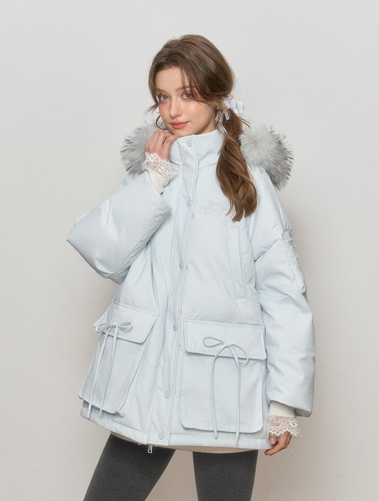 Blue Hooded Fur Collar Down Jacket QDQ0111